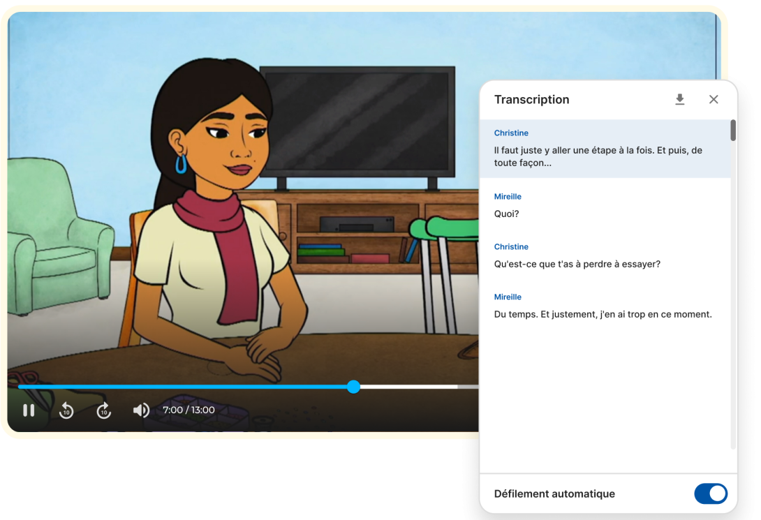 Une capture d'écran d'une vidéo IDÉLLO avec la transcription de la vidéo.