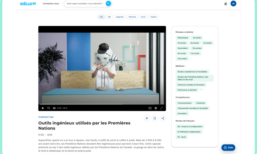 Capture d'écran de la page vidéo Vraiment Top! - Outils ingénieux utilisés par les premières nations.